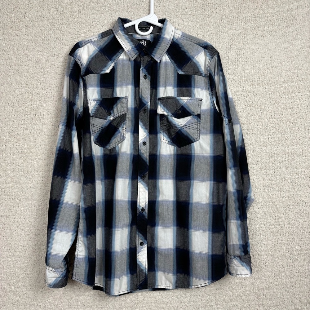 Rock & Republic Shirt Mens Lg Blue Gray Plaid Roll Tab Easy Care Button Down